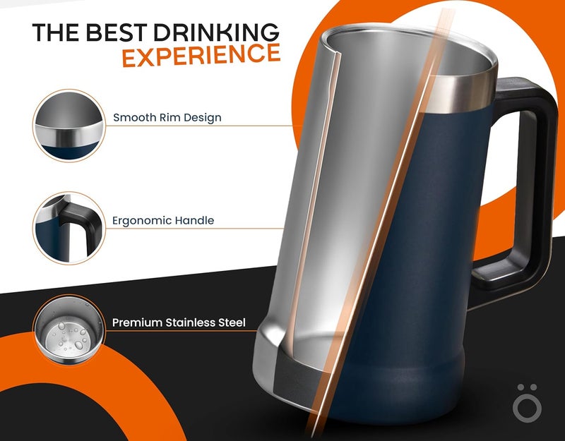 Kook Beer Stein, Stainless Steel Coffee Mug, Tumbler with Thermal Vacuum Insulation, Double Walled Drinking Cup, Large Handle, Shatterproof, Stainless Steel, 23.7 oz - Image 3