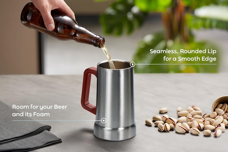 Kook Beer Stein, Stainless Steel Coffee Mug, Tumbler with Thermal Vacuum Insulation, Double Walled Drinking Cup, Large Handle, Shatterproof, Stainless Steel, 23.7 oz - Image 2