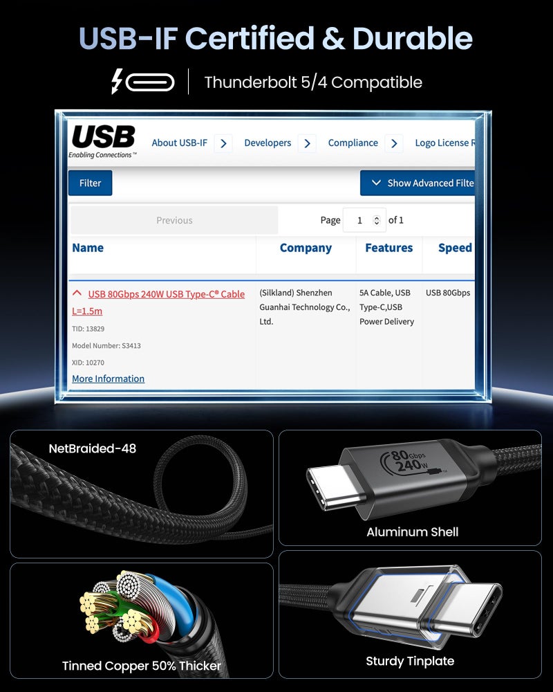 Silkland USB-IF Certified USB 4 for Thunderbolt 5 Cable 80Gbps, 120Gbps for Dual 8K, 240W PD3.1 Charging, Braided USB C Video Cable Compatible for Thunderbolt 4, MacBook, iPhone 17/16, Mac mini, 5FT - Image 5