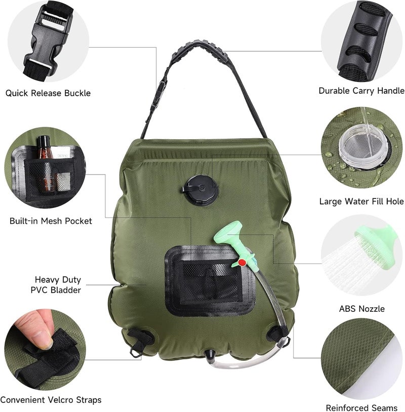 Linist Solar Portable Shower Bag – 5 Gallon/20L Solar Heated Camping Shower with Removable Hose, Adjustable On-Off Shower Head & Hanging Hook – Lightweight Outdoor Shower for Hiking, Backpacking - Image 5