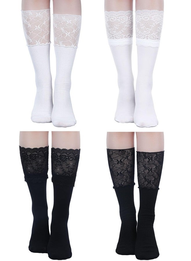 Fourluoo 4 Pairs Women's Lace Socks Calf Stocking with Lace Trim Long Knee High Stockings Lolita Boot Socks(Black White) - Image 1
