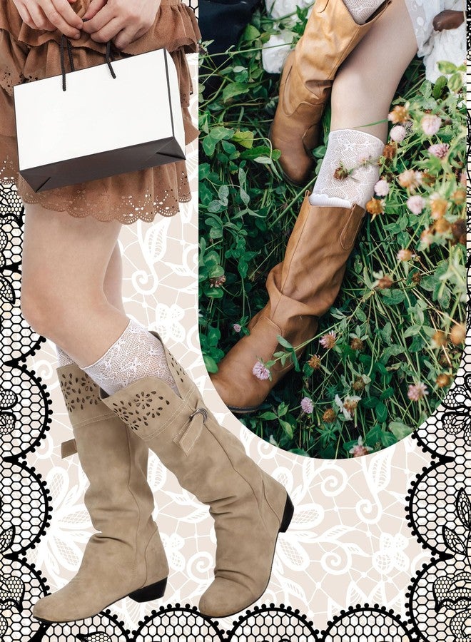 Fourluoo 4 Pairs Women's Lace Socks Calf Stocking with Lace Trim Long Knee High Stockings Lolita Boot Socks(Black White) - Image 2