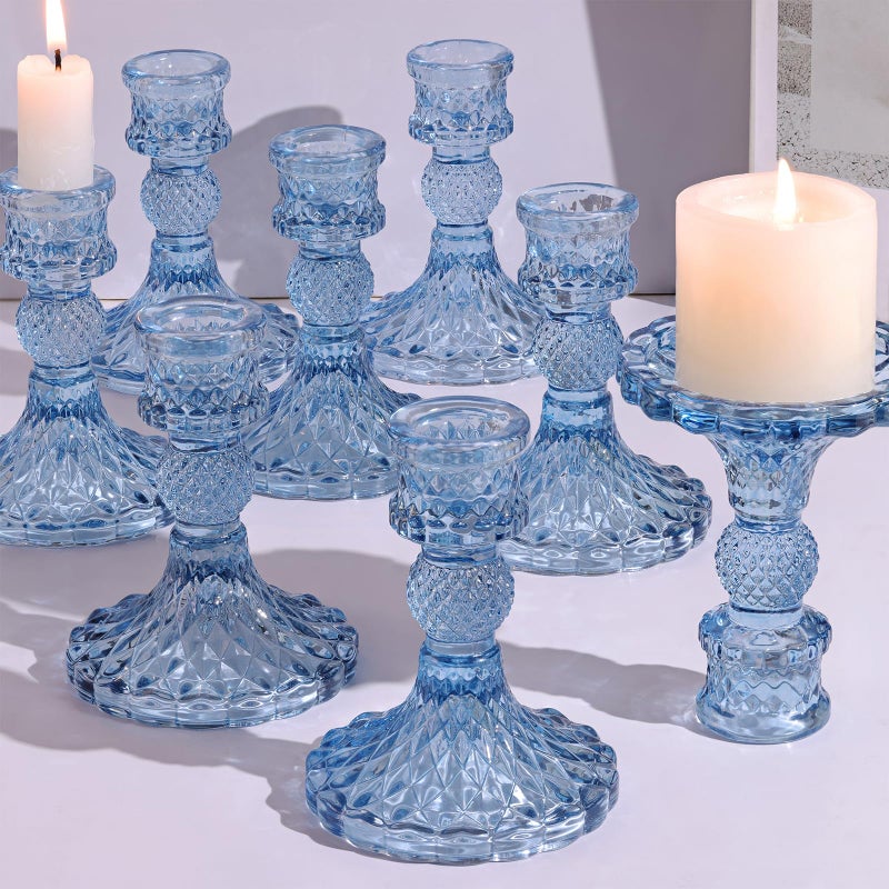 DARJEN 12Pcs 4 H Aqua Blue Candlestick Holders Set Taper Candle Holders Bulk Glass Candle Holders for Wedding Party Romantic Dinner Table Centerpieces Festival Gifts Windowsill Decor