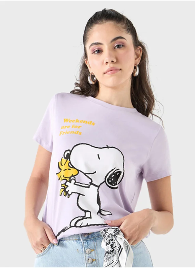 اس بي كاركترز Snoopy Dog  Print Crew Neck T-Shirt