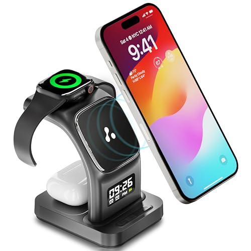 Ambrane 22.5W Magnetic Magsafe 3In1 Wireless Charger for 16/16 +/16 Pro/16 Pro Max, iPhone 15/15 Plus/15 Pro/15 Pro Max, 14/13/12, Airpods 3rd/2nd gen, Series 9/8/7/6/5/4/SE (Aerosync Trio -Black) - Image 1