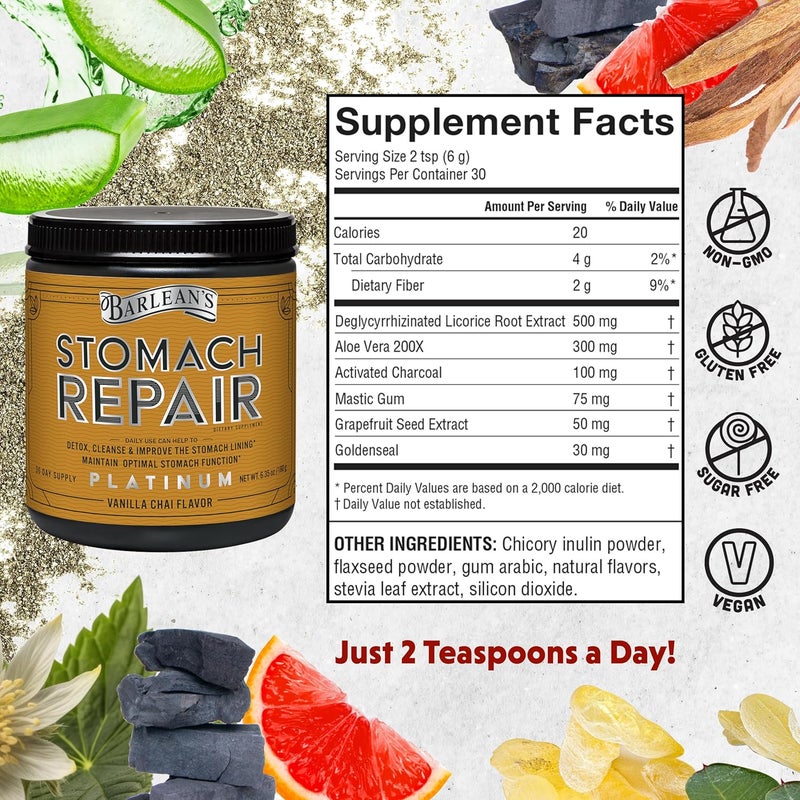 Barleans Stomach Repair Gut Health Powder Supplement Fiber and Digestive Support Supplements Blend for Detox and Cleanse Vanilla Chai Drink Mix 635 oz - Image 2
