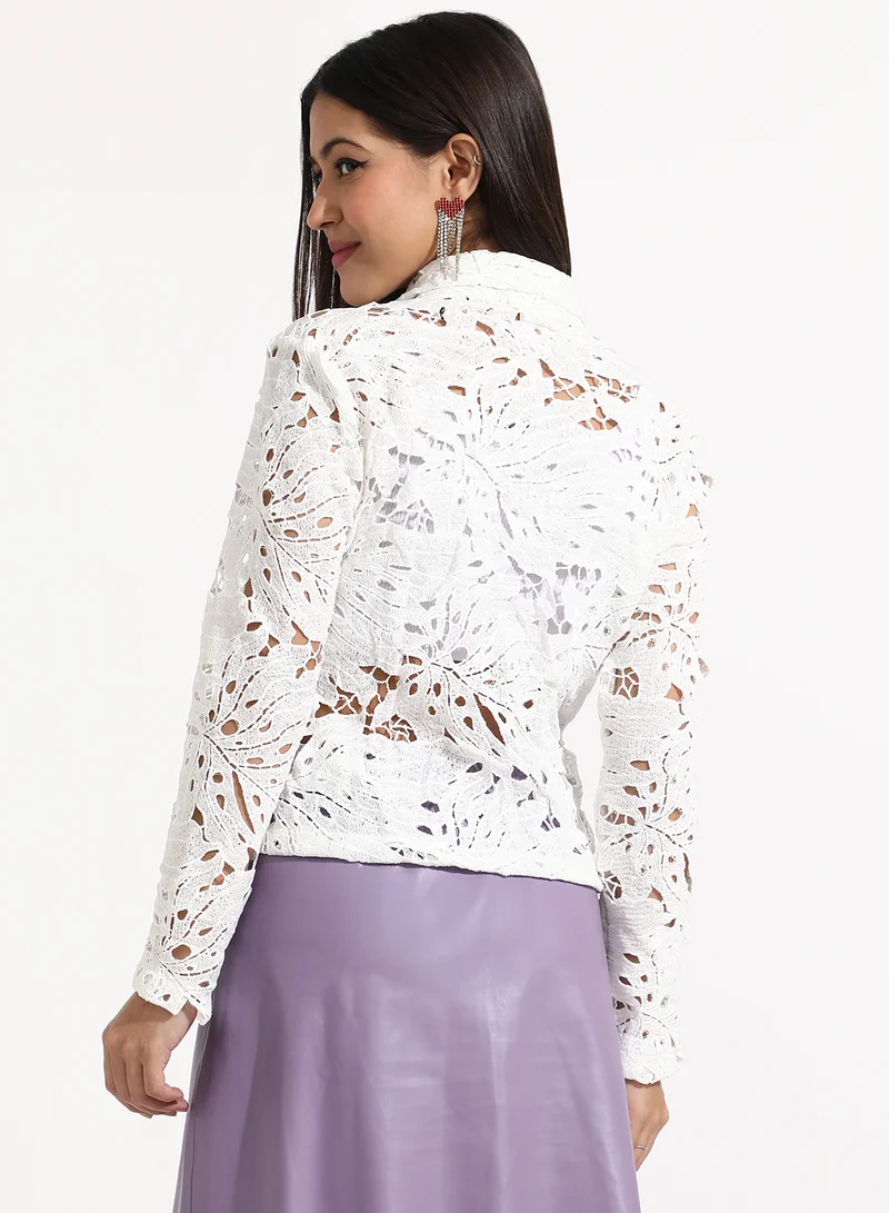 Campus Sutra Women's White Self-Design Botanical Jacket