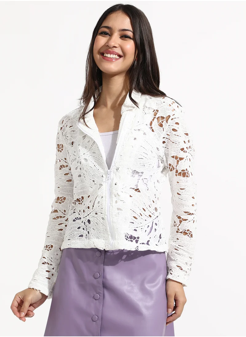 Campus Sutra Women's White Self-Design Botanical Jacket