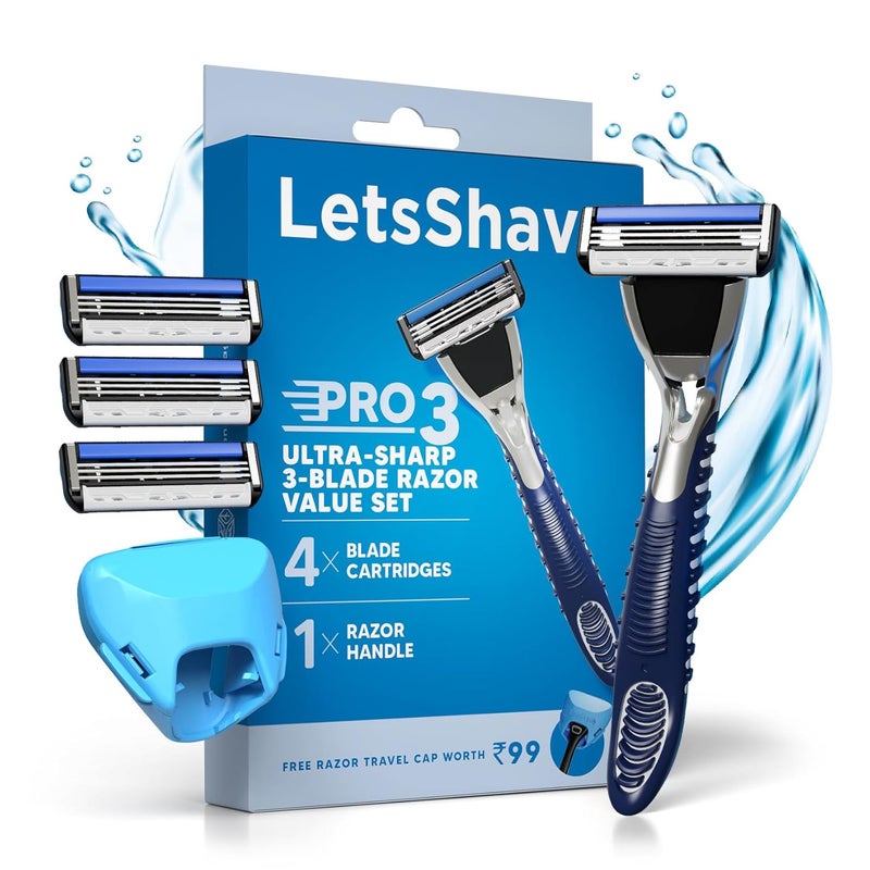 Lets Shave Pro 3 Shaving Value Set Razor for Men with 4 Blades & 1 Handle + Razor Cap, Ultra Sharp 3 Blade Razor, Face & Head Shaving Kit - Image 1