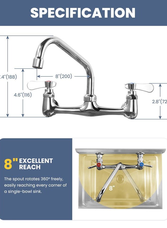 iVIGA Commercial Sink Faucet with 8” Swivel Spout, 8" Center Wall Mount Kitchen Faucet, Dual Handles Brass Utility Sink Faucet for Laundry Room Restaurant Compartment Sink, Polish Chrome - Image 5