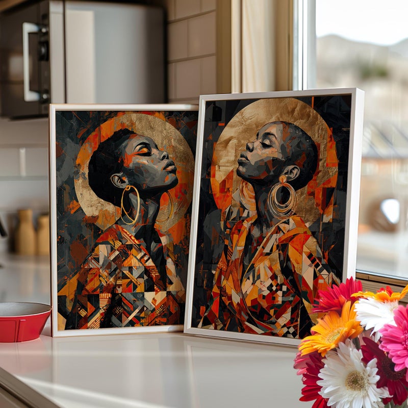 TNESSENTIAL Abstract African Woman 2 Piece Set Wall Art Poster or Canvas Print, Black Woman Wall Art, Bold Gold Geometric Art, Dark Modern Tribal Decor - Image 1