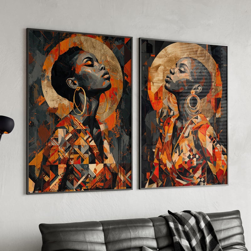 TNESSENTIAL Abstract African Woman 2 Piece Set Wall Art Poster or Canvas Print, Black Woman Wall Art, Bold Gold Geometric Art, Dark Modern Tribal Decor - Image 4