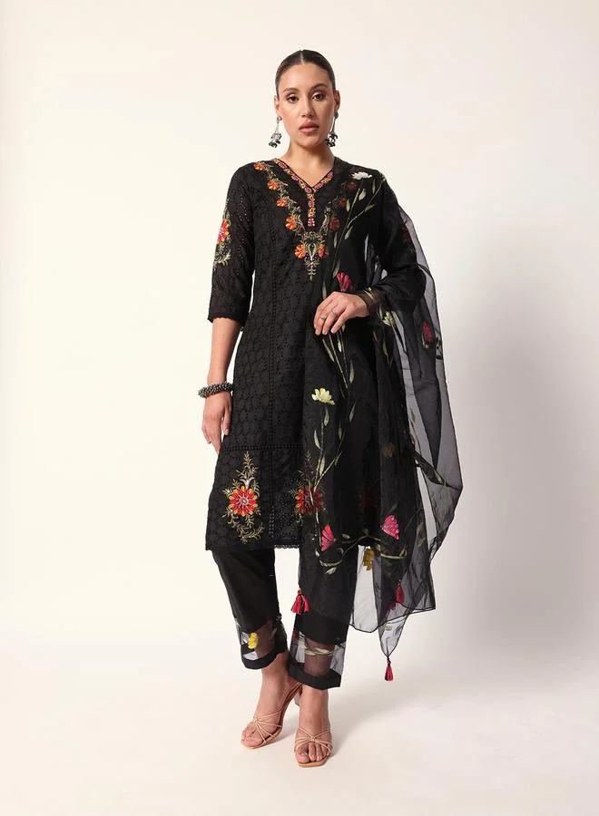 ISHIN Women's Black Cotton Textured Tunic Full Palazzo Regular Fit Kurta Set
