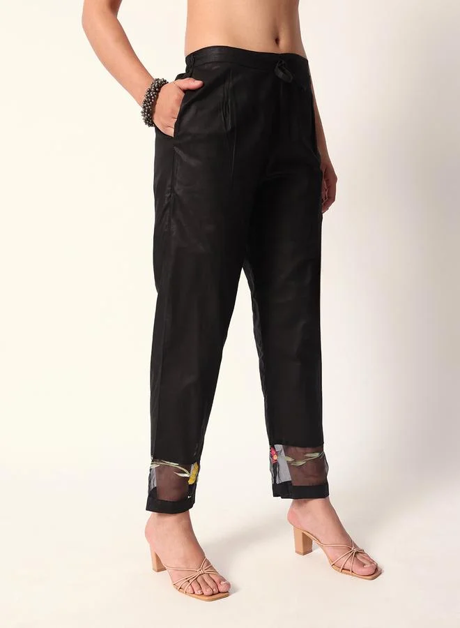 ISHIN Women's Black Cotton Textured Tunic Full Palazzo Regular Fit Kurta Set