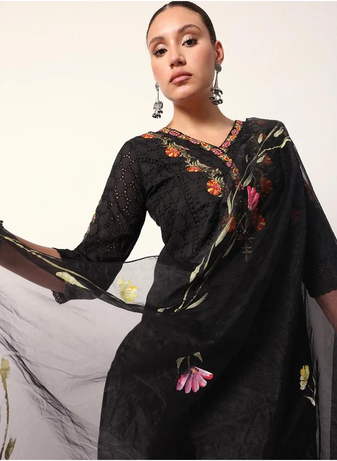 آي شين Women's Black Cotton Textured Tunic Full Palazzo Regular Fit Kurta Set