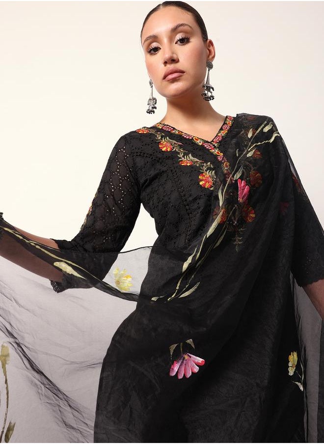 ISHIN Women's Black Cotton Textured Tunic Full Palazzo Regular Fit Kurta Set  - Image 1