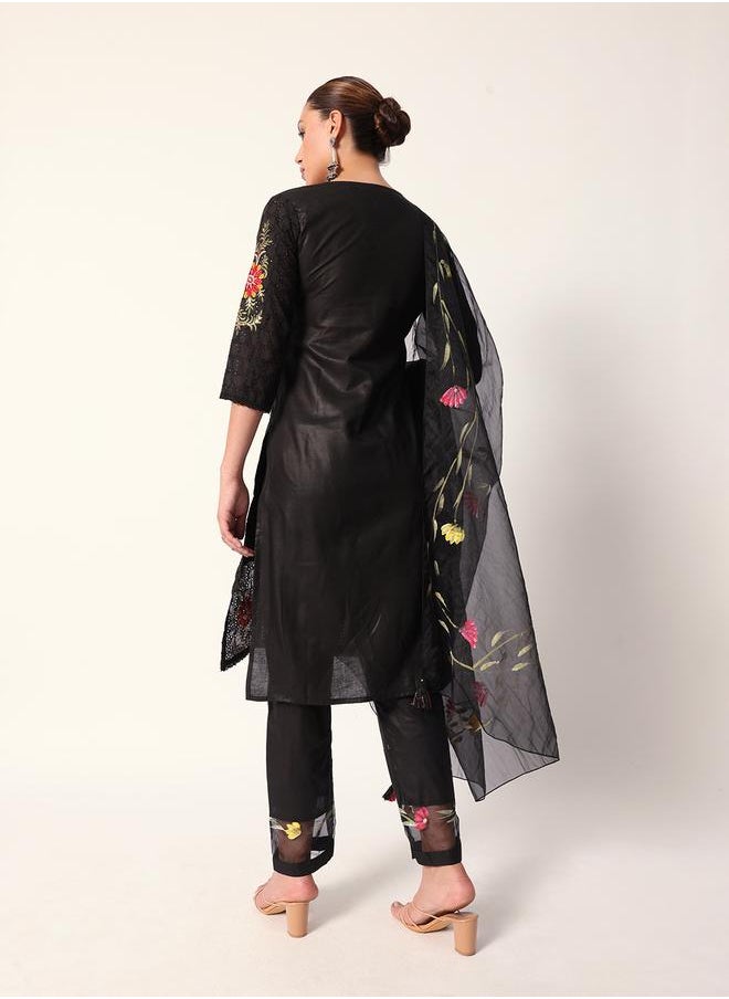 ISHIN Women's Black Cotton Textured Tunic Full Palazzo Regular Fit Kurta Set  - Image 5