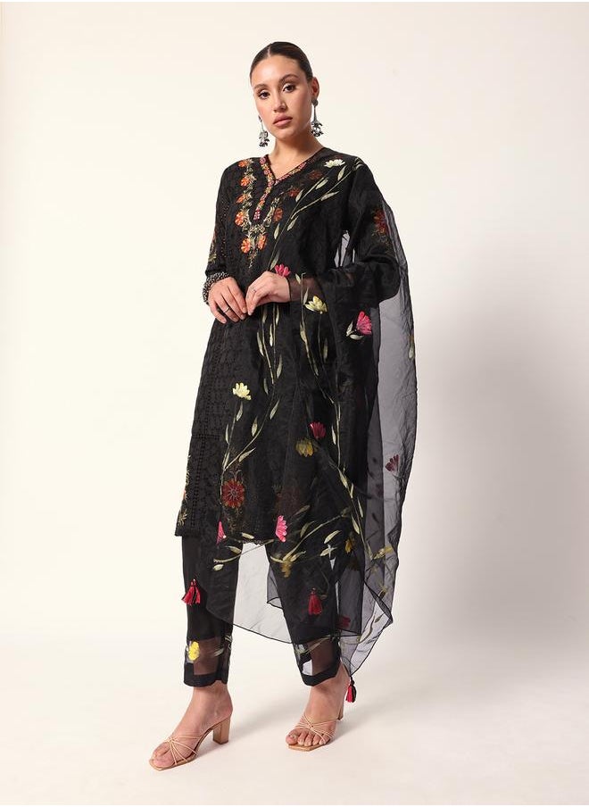 ISHIN Women's Black Cotton Textured Tunic Full Palazzo Regular Fit Kurta Set  - Image 3