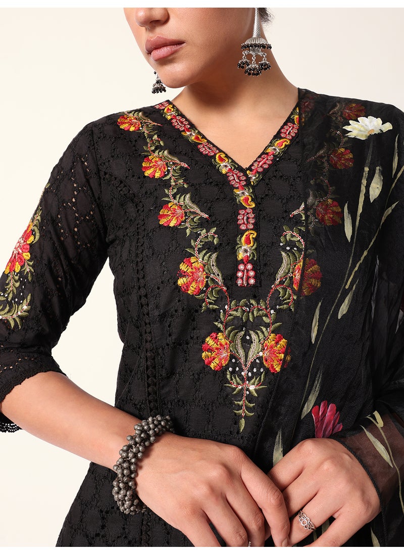 ISHIN Women's Black Cotton Textured Tunic Full Palazzo Regular Fit Kurta Set  - Image 2