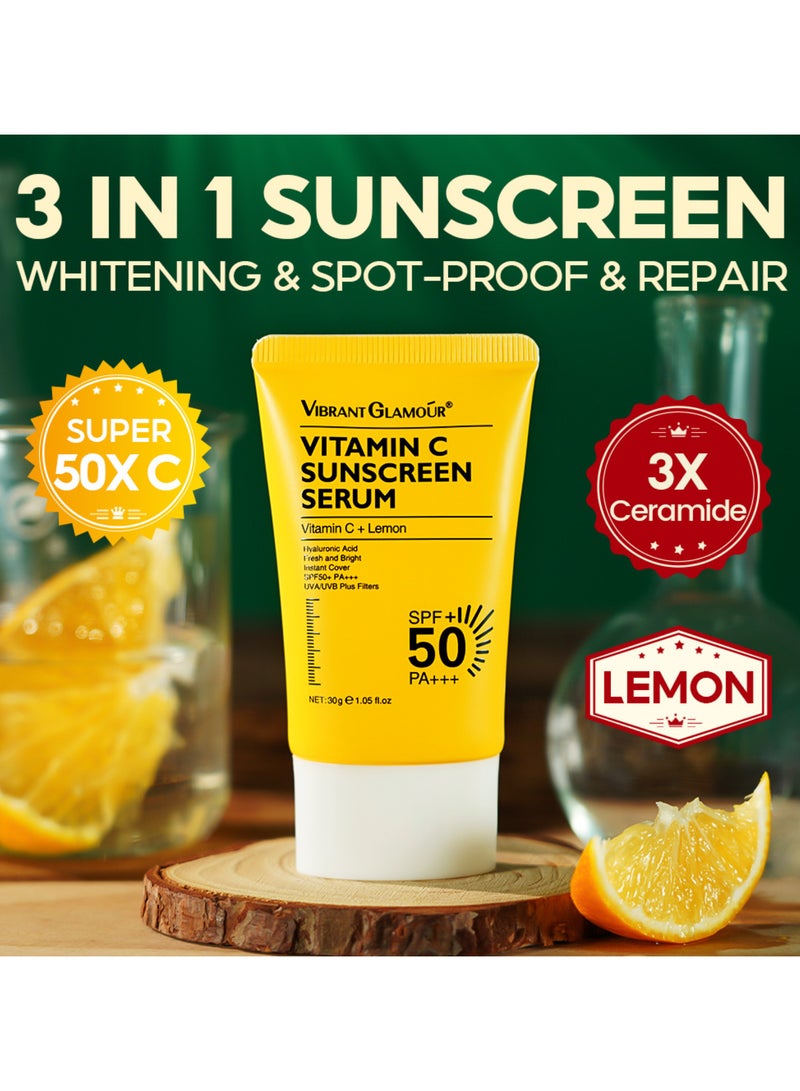 فايبرنت جلامور سيروم فيتامين سي الواقي من الشمس بعامل حماية من الشمس 50+/PA+++، حماية من الأشعة فوق البنفسجية الطويلة والمتوسطة، مرطب مع السيراميد وسنتيلا آسياتيكا، خالٍ من العطور، مناسب لجميع أنواع البشرة - 30 جرام - Image 2