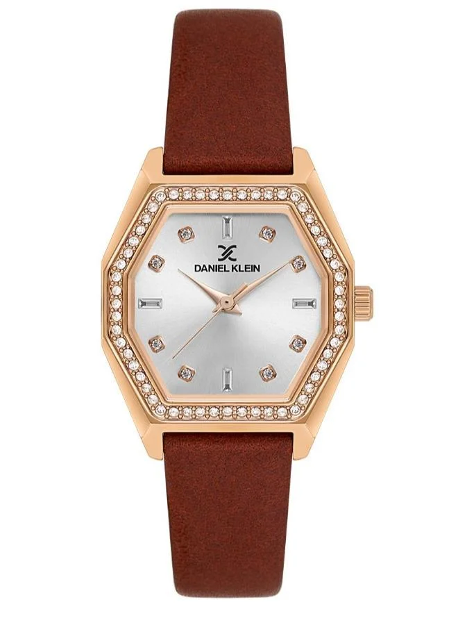 DANIEL KLEIN Women's Leather Rose Gold Alloy Case Analog Silver Diamond Sunray Dial Japanese Quartz Premium 30 Meters Water Resistant