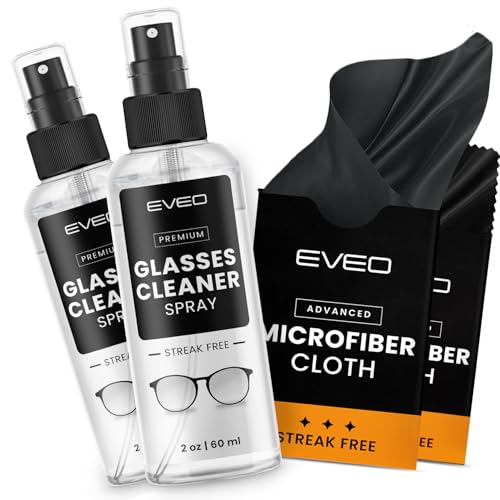 EVEO Glasses Cleaner Spray - Eyeglass Cleaner (No Streaks)| x2 Eye Glass Cleaners Spray + x2 Lens Cleaner Microfiber Cleaning Cloth, Glasses Cleaning Kit Eye Glasses Cleaner Spray & Cloth - 4oz(2ozx2) - Image 1
