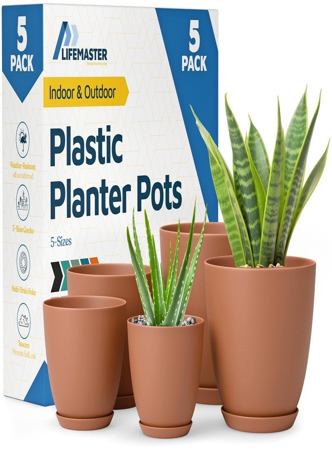 LifeMaster Terracotta Plant Pots with Drainage Holes & Saucers 3 Pack, Indoor & Outdoor Stackable Space-Saving Planters for Houseplants & Flowers, (7", 6.7", and 6" Inches), Durable & Weatherproof Materials - Image 1