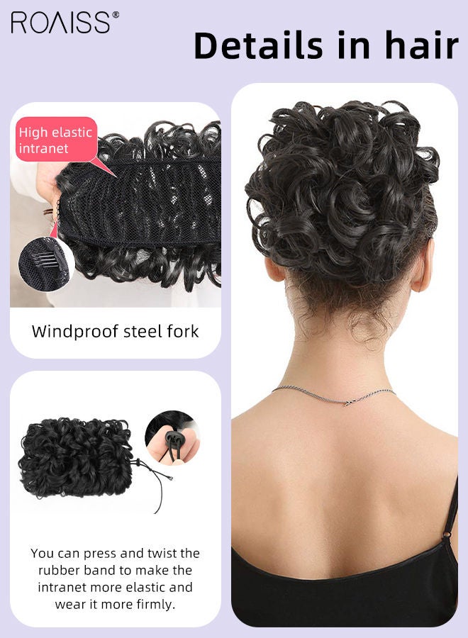 رويس وصلات شعر صناعية فوضوية للنساء، وصلات شعر مجعدة بمشابك مشط مع رباط مطاطي، تسريحة شعر قصيرة مجعدة لحفلات الزفاف، لون أسود طبيعي - Image 4