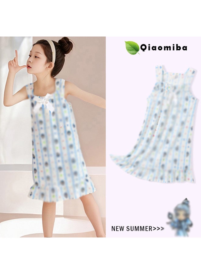 Summer Girls' Children's Cloud Cotton Strap Cartoon Bow Nightdress Thin Style For Older Girls Home Dress
