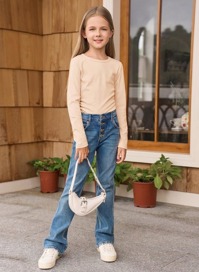 Haloumoning Girls Long Sleeve Shirts Crewneck Ruched Side Slim Fit Tops Ribbed Knit Casual Tee Shirt 4-15 Years, Light Khaki, 9-10 Years - Image 5