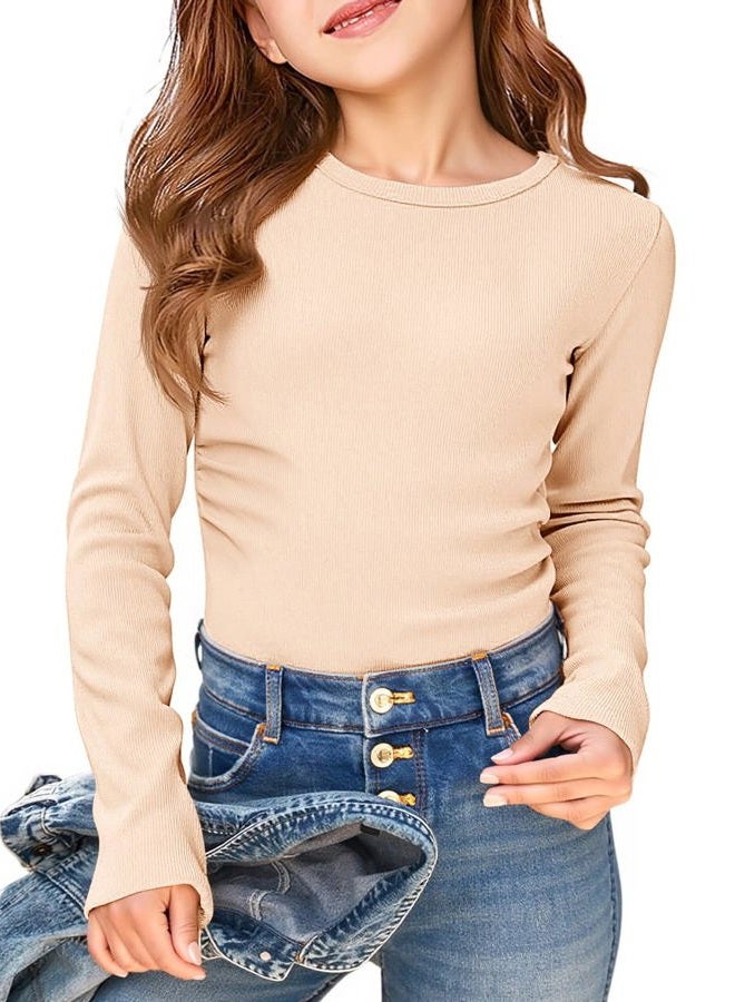 Haloumoning Girls Long Sleeve Shirts Crewneck Ruched Side Slim Fit Tops Ribbed Knit Casual Tee Shirt 4-15 Years, Light Khaki, 9-10 Years - Image 1