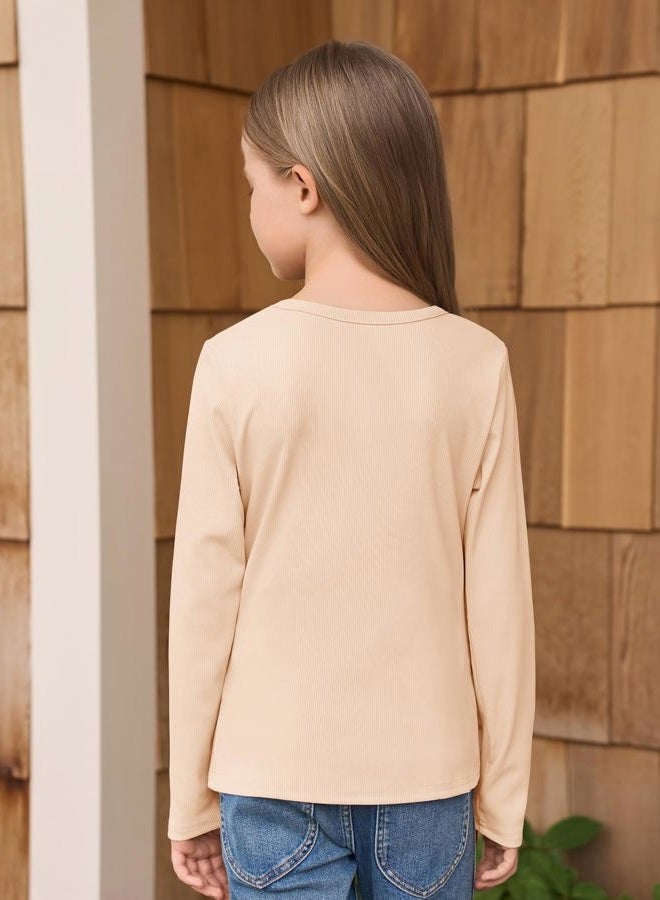 Haloumoning Girls Long Sleeve Shirts Crewneck Ruched Side Slim Fit Tops Ribbed Knit Casual Tee Shirt 4-15 Years, Light Khaki, 9-10 Years - Image 4