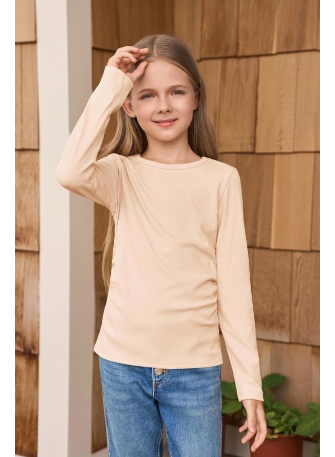 Haloumoning Girls Long Sleeve Shirts Crewneck Ruched Side Slim Fit Tops Ribbed Knit Casual Tee Shirt 4-15 Years, Light Khaki, 9-10 Years - Image 2