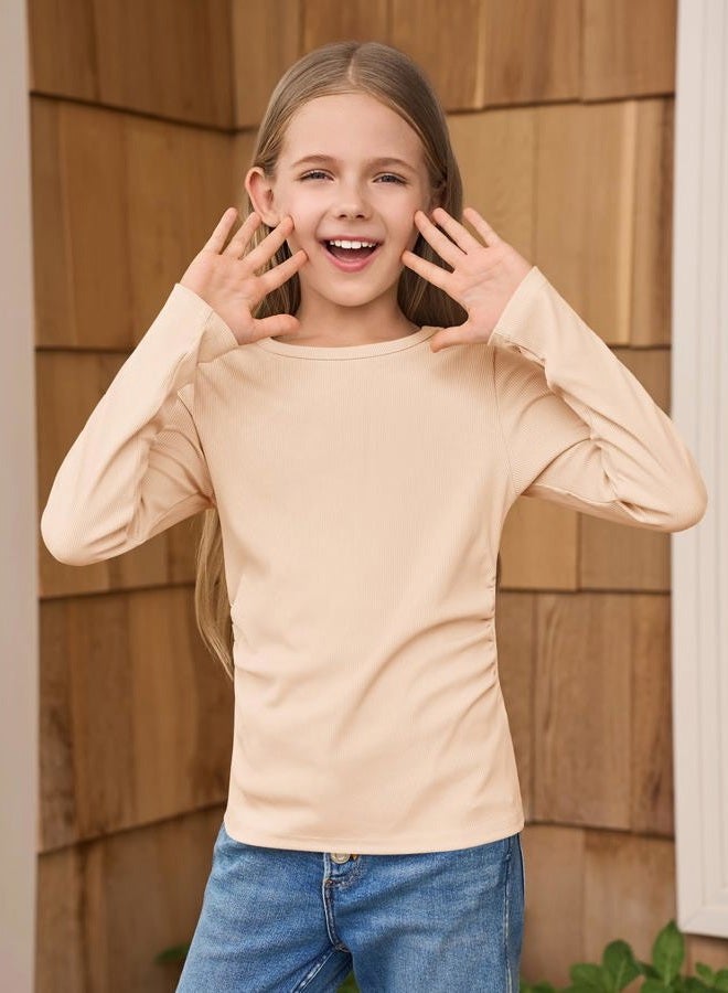 Haloumoning Girls Long Sleeve Shirts Crewneck Ruched Side Slim Fit Tops Ribbed Knit Casual Tee Shirt 4-15 Years, Light Khaki, 9-10 Years - Image 3