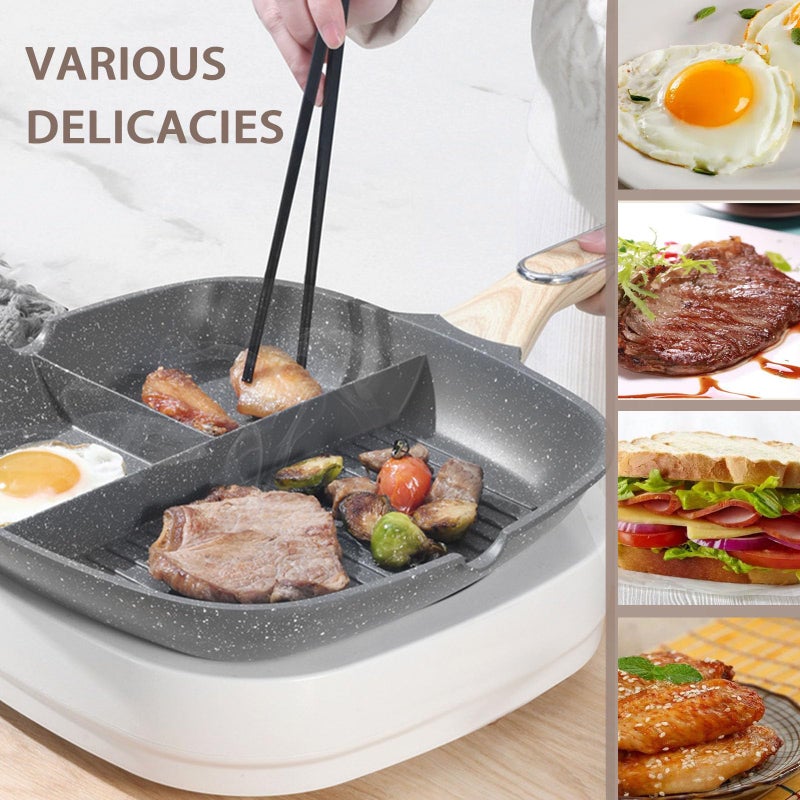 JUSTUP Nonstick Grill Pan, 3-in-1 Egg Pan 11 Inch Non Stick Skillet Pan, Heat Resistant Handle 3 Section Skillet Pancake Pan, Divided Pan Cooking Pan for Breakfast, Egg, Bacon and Burgers - Image 3