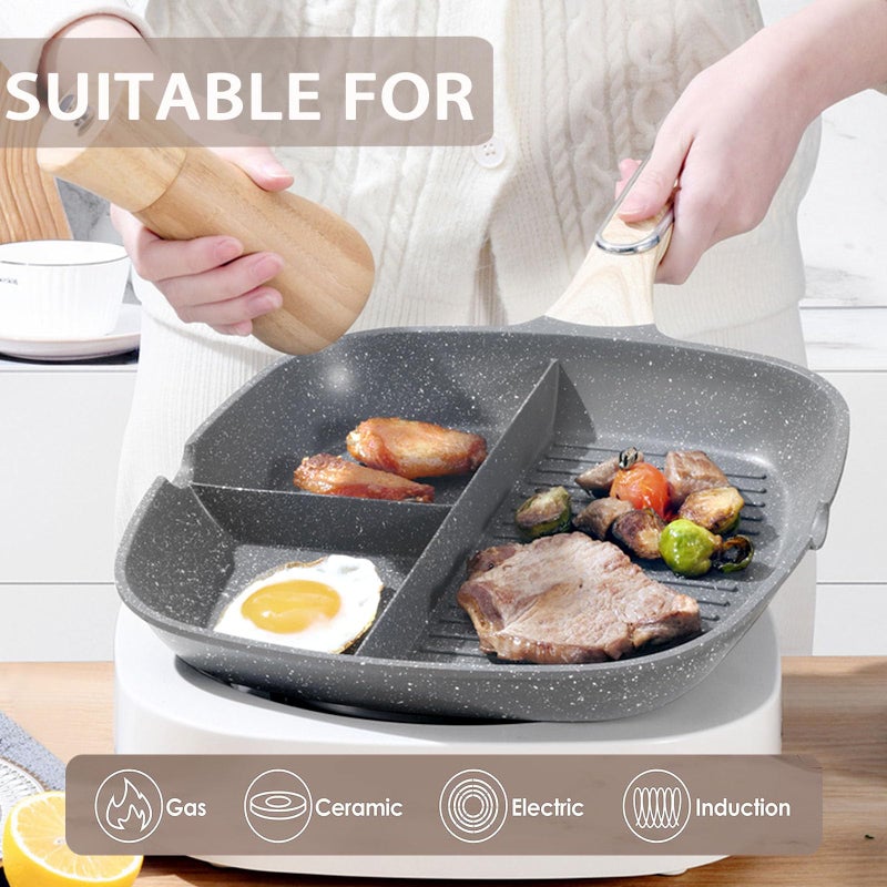 JUSTUP Nonstick Grill Pan, 3-in-1 Egg Pan 11 Inch Non Stick Skillet Pan, Heat Resistant Handle 3 Section Skillet Pancake Pan, Divided Pan Cooking Pan for Breakfast, Egg, Bacon and Burgers - Image 2