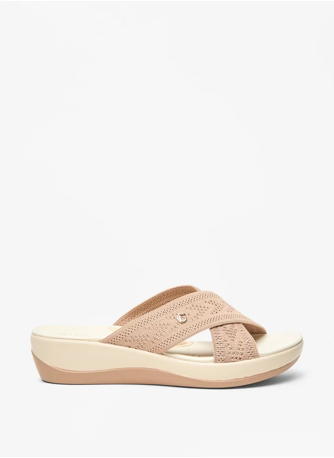 لو كونفورت Women's Textured Cross Strap Slip-On Flatform Sandals