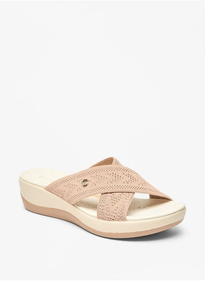 لو كونفورت Women's Textured Cross Strap Slip-On Flatform Sandals
