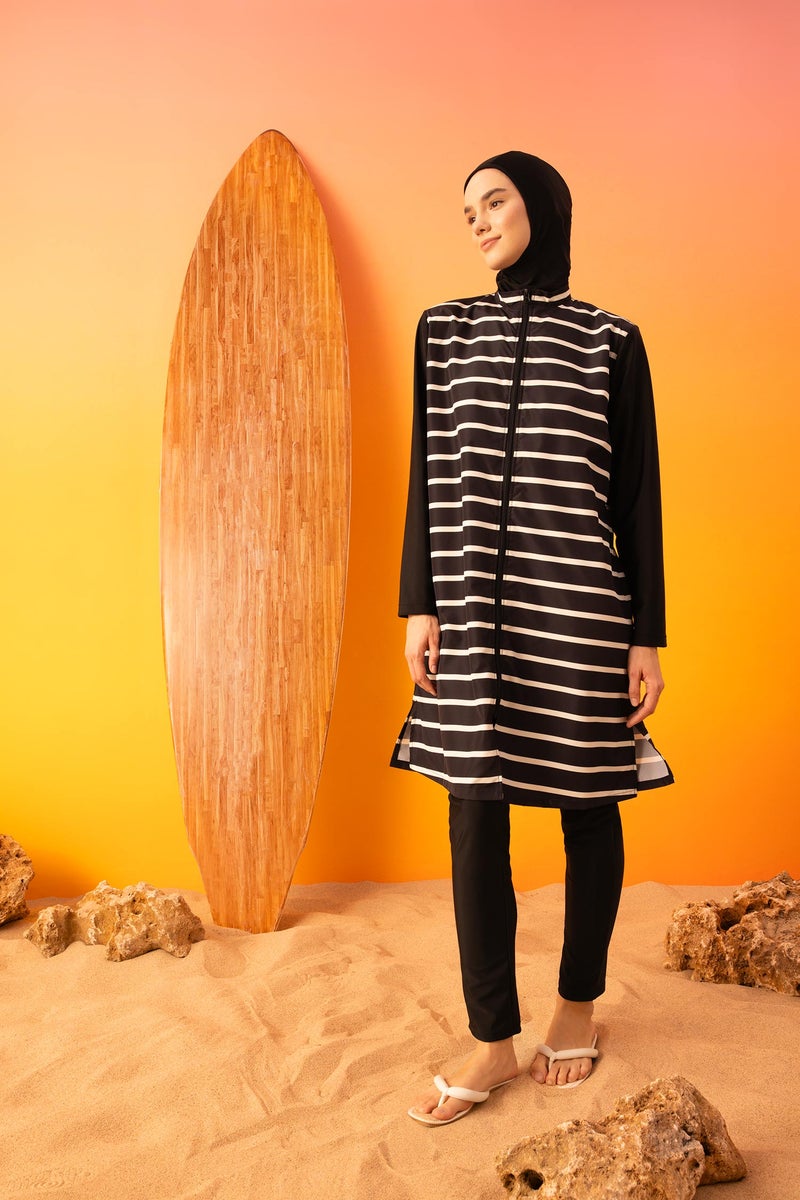 DeFacto Black Woman Regular Fit Striped 3 Piece Hijab Burkini Set Casual - Image 1
