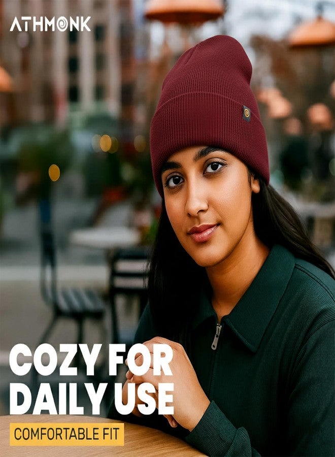 Athmonk Winter Woolen Beanie Cap for Men & Women | Warm Cuff Head Cap for Winters | Cold Weather Hat for Girls & Boys 100% Woollen Fabric Ultra Soft & Cozy Garam Topi for Man (Maroon, Free Size) - Image 3