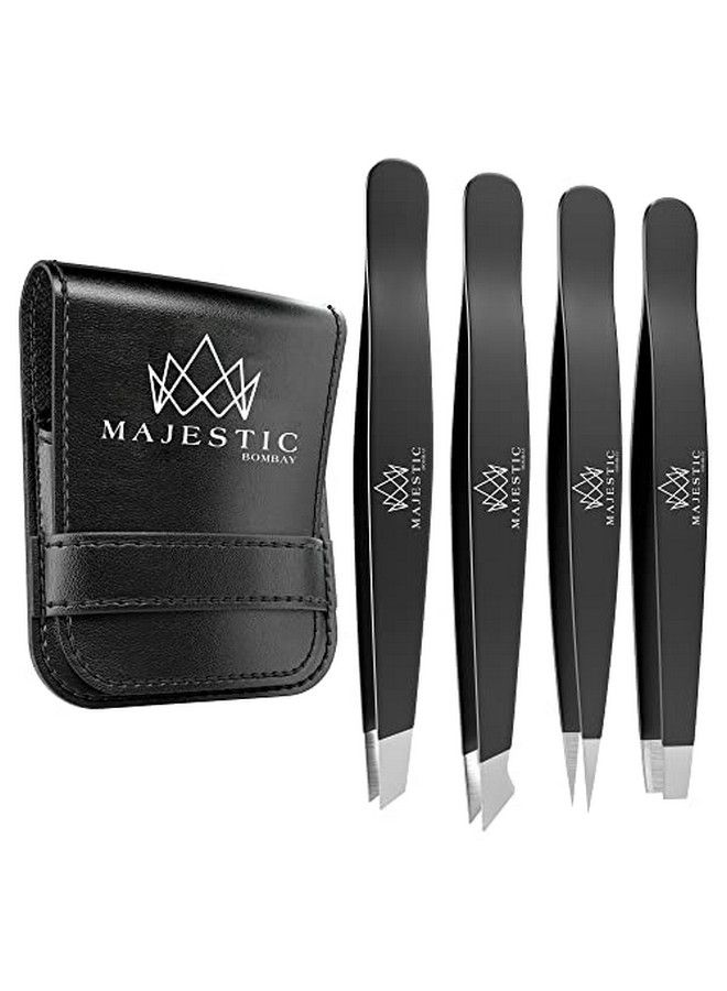 Majestic Bombay Tweezers Set 4Piecestainless Steel Slant Tip + Sharp Pointed Eyebrow Tweezer Setprecision Facial Hair Removal Eyebrow Hairsplinterblackheadingrown Hair/Tick Removerends Meet Perfect - Image 1