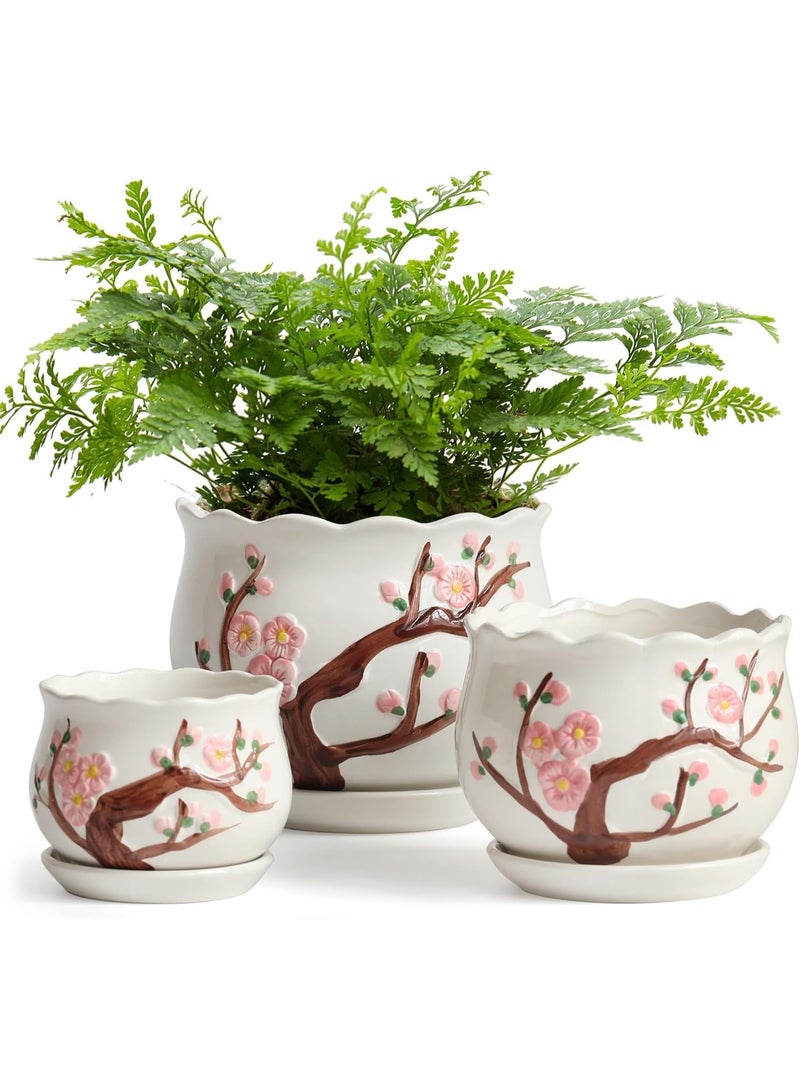 Relex Set of 3 Ceramic Plant Pots, Succulent Flower Pots with Drainage Holes and Saucers, Round Flower Pots for Indoor Plant, 3.9/5.2/6.7 Inches Small Flower Planters - Image 1