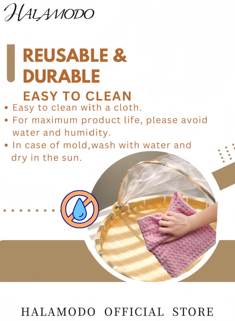 Halamodo Woven Bamboo Food Cover Basket Foldable Mesh Canopy & Handwoven Base Design with Natural Material Structure for Kitchen Food Preservation Use - Image 5