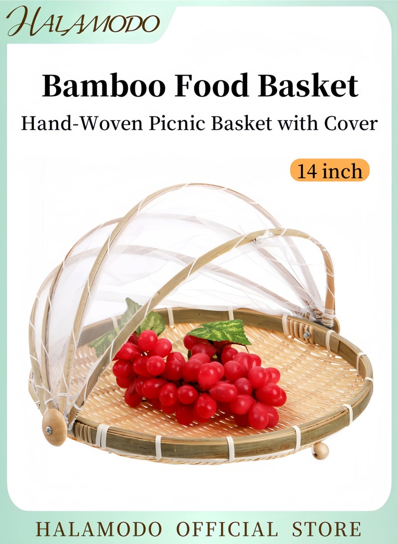 Halamodo Woven Bamboo Food Cover Basket Foldable Mesh Canopy & Handwoven Base Design with Natural Material Structure for Kitchen Food Preservation Use - Image 1