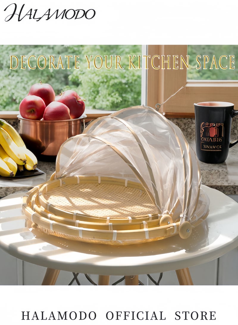 Halamodo Woven Bamboo Food Cover Basket Foldable Mesh Canopy & Handwoven Base Design with Natural Material Structure for Kitchen Food Preservation Use - Image 2
