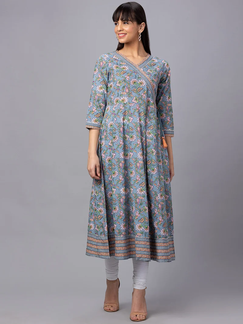 globus Women Floral Printed Gotta Patti Anarkali Pure Cotton Kurta