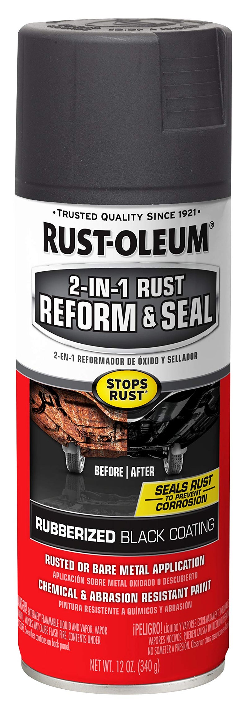 RUST-OLEUM رش Rust-Oleum 344713 للسيارات 2 في 1 لإصلاح الصدأ وإغلاقه، 12 أونصة، أسود غير لامع - Image 1