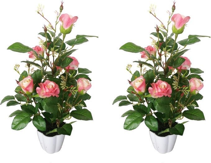 PAIR 2 FEET GORGEOUS LIFELIKE ARTIFICIAL BLOOMING TREES 7 ROSE FLOWERS EACH WITH NURSERY POT REAL TOUCH TECH 120 LEAVES EACH GREEN RED