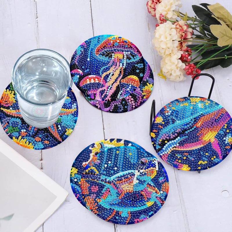 Ekuxom 6 Pcs Diamond Art Coasters Kits, DIY Ocean Diamond Painting Coasters with Holder Cork Pads, Non Slip Coaster Crafts Kits for Adults Beginners Gifts - Image 5