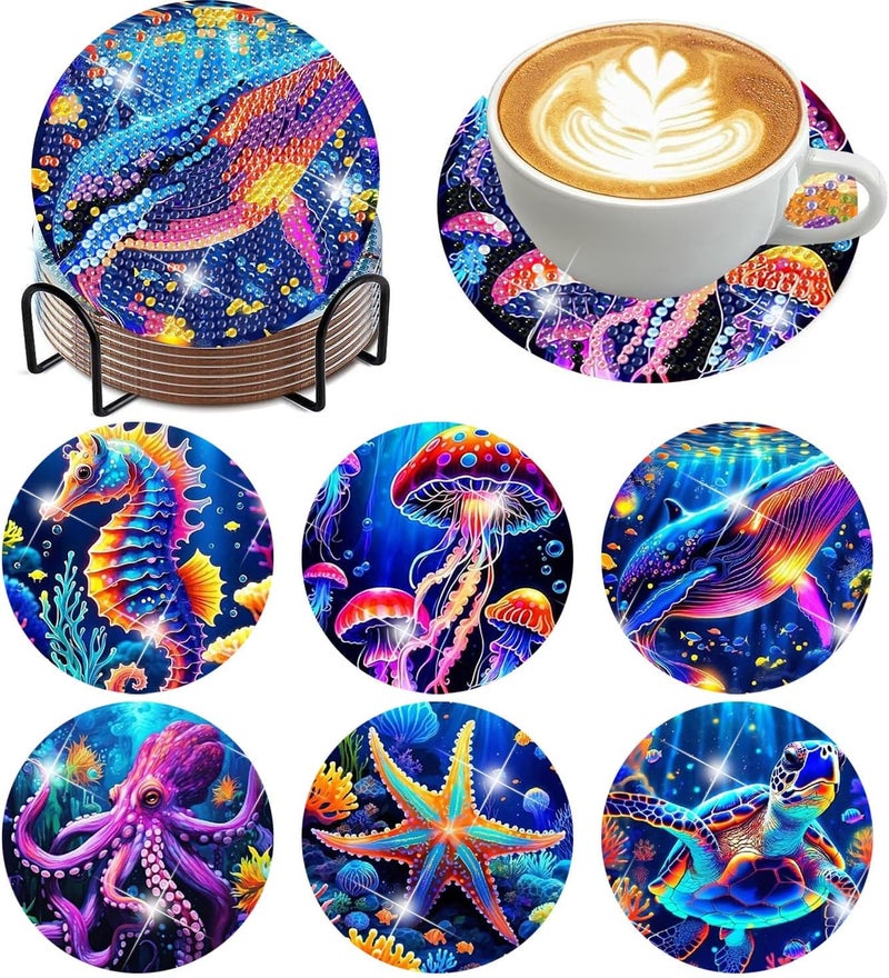 Ekuxom 6 Pcs Diamond Art Coasters Kits, DIY Ocean Diamond Painting Coasters with Holder Cork Pads, Non Slip Coaster Crafts Kits for Adults Beginners Gifts - Image 1